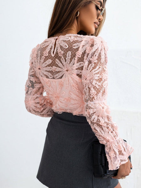Pink Swiss Dot Mesh Top with Lace Detail