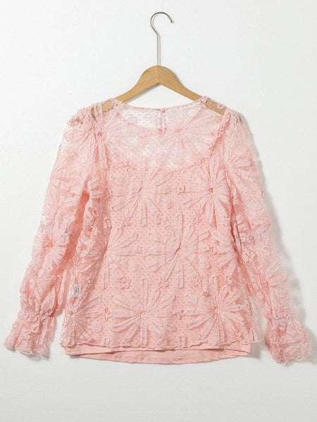 Pink Swiss Dot Mesh Top with Lace Detail