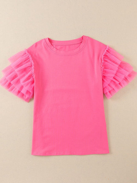 Women's Pink Tulle Ruffle Sleeve Cotton Top in Jeans