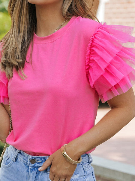 Women's Pink Tulle Ruffle Sleeve Cotton Top in Jeans