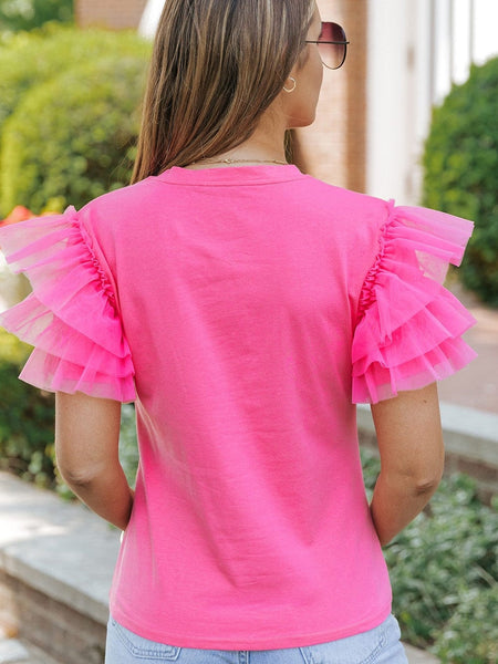 Women's Pink Tulle Ruffle Sleeve Cotton Top in Jeans