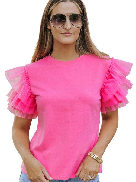 Women's Pink Tulle Ruffle Sleeve Cotton Top in Jeans
