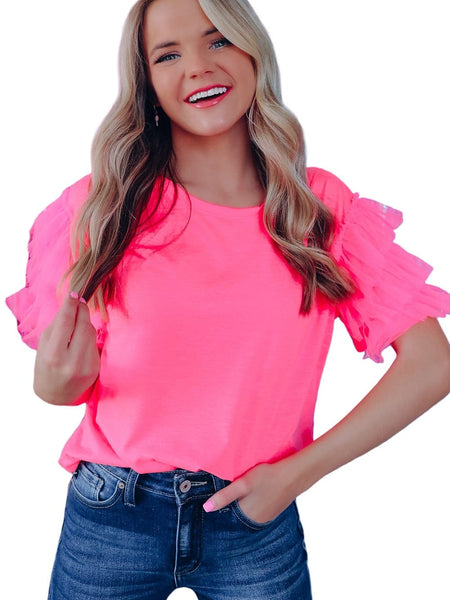 Women's Pink Tulle Ruffle Sleeve Cotton Top in Jeans