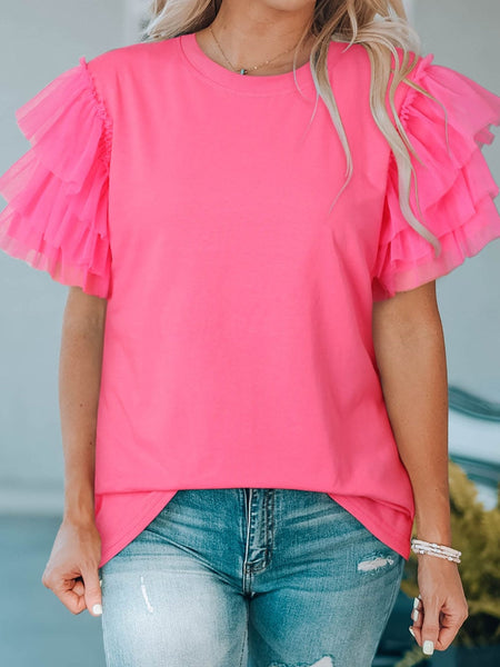 Women's Pink Tulle Ruffle Sleeve Cotton Top in Jeans