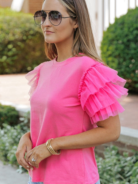Women's Pink Tulle Ruffle Sleeve Cotton Top in Jeans