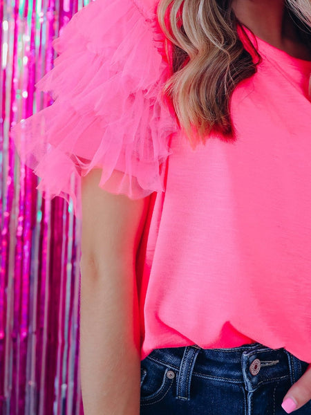 Women's Pink Tulle Ruffle Sleeve Cotton Top in Jeans