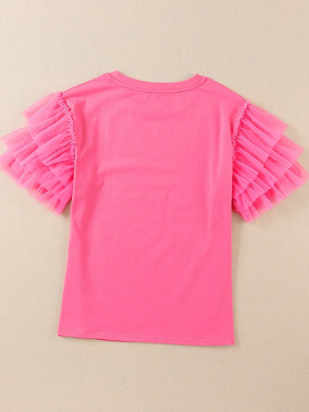 Women's Pink Tulle Ruffle Sleeve Cotton Top in Jeans
