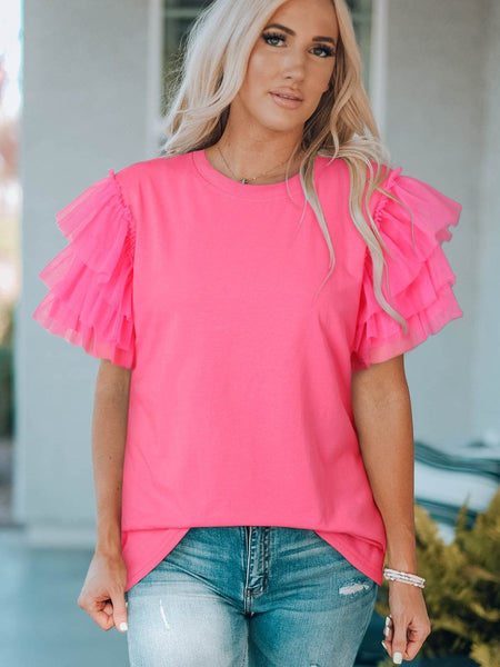 Women's Pink Tulle Ruffle Sleeve Cotton Top in Jeans