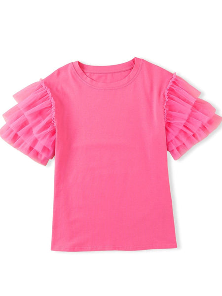 Women's Pink Tulle Ruffle Sleeve Cotton Top in Jeans
