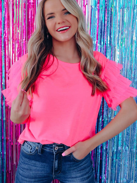 Women's Pink Tulle Ruffle Sleeve Cotton Top in Jeans