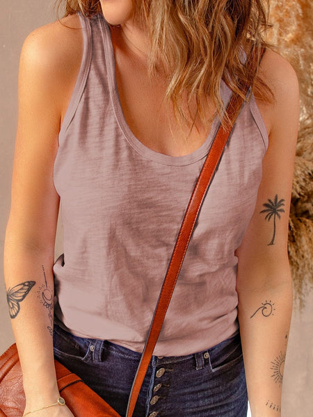 Pink U Neck Sleeveless Casual Solid Tank Top