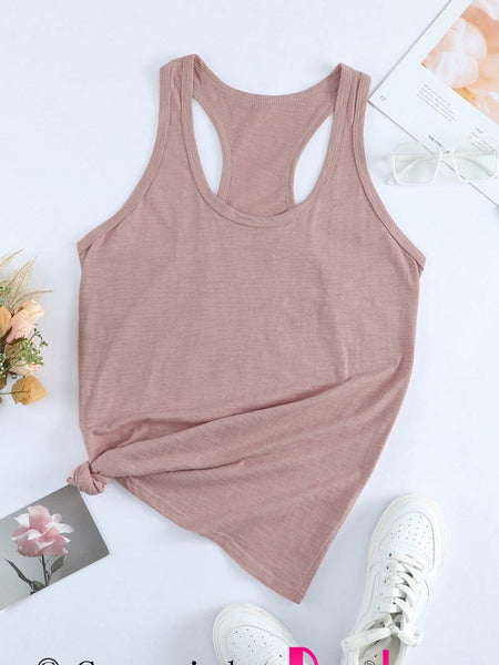 Pink U Neck Sleeveless Casual Solid Tank Top