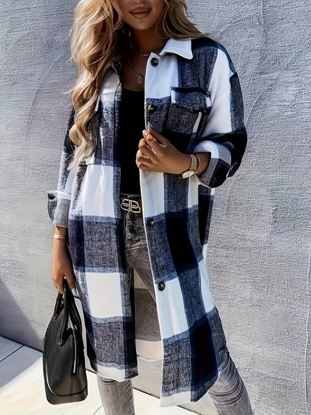 Women's Casual Winter Long Plaid Flannel Jacket