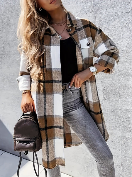 Women's Casual Winter Long Plaid Flannel Jacket