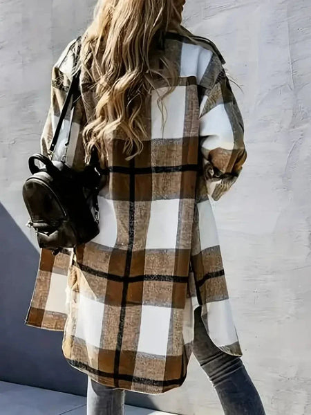 Women's Casual Winter Long Plaid Flannel Jacket
