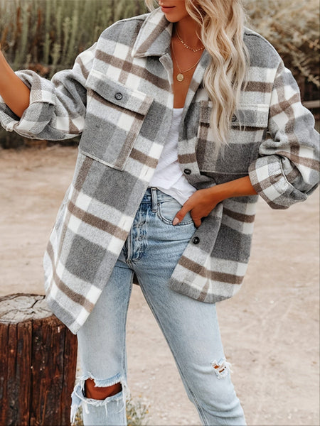 Plaid Long Sleeve Button-Down Lapel Casual Jacket