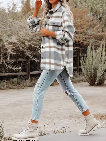 Plaid Long Sleeve Button-Down Lapel Casual Jacket