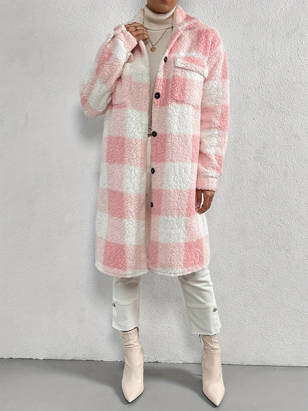 Plaid Pattern Teddy Open Front Styling Coat
