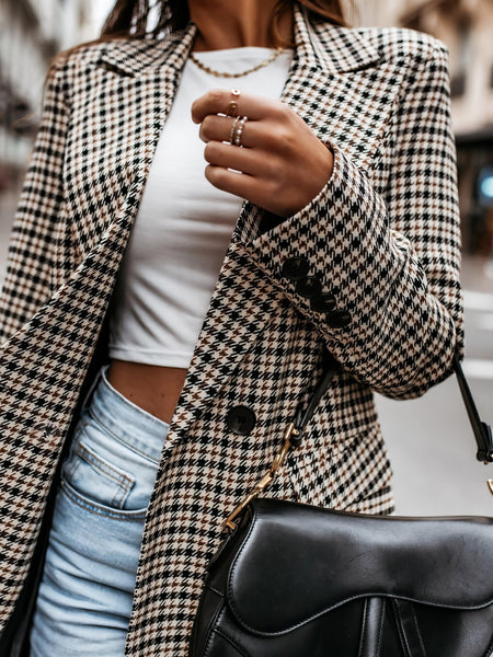 Houndstooth Double-Breasted Blazer with practical styling and dependable silhouette control.