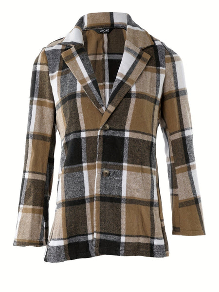 Women's Plaid Print Long Sleeve Button Lapel Fashion Blazer
