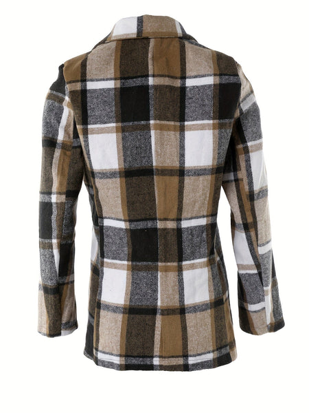 Women's Plaid Print Long Sleeve Button Lapel Fashion Blazer