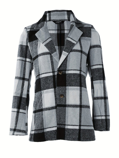 Women's Plaid Print Long Sleeve Button Lapel Fashion Blazer