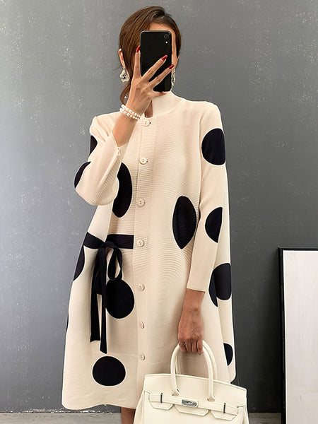 Women's Pleated Polka Dot Tie Stand Collar Mini Dress