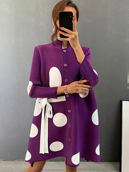 Women's Pleated Polka Dot Tie Stand Collar Mini Dress