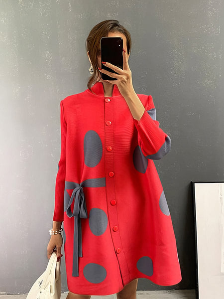 Women's Pleated Polka Dot Tie Stand Collar Mini Dress