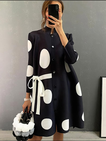 Women's Pleated Polka Dot Tie Stand Collar Mini Dress