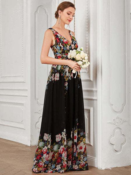Women's V-Neck Pleated Chiffon Maxi Gown with Empire Waist