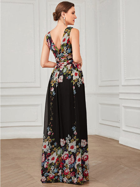 Women's V-Neck Pleated Chiffon Maxi Gown with Empire Waist