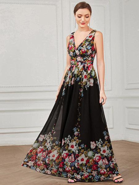 Women's V-Neck Pleated Chiffon Maxi Gown with Empire Waist