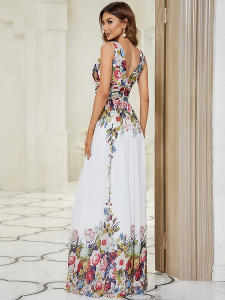 Women's V-Neck Pleated Chiffon Maxi Gown with Empire Waist