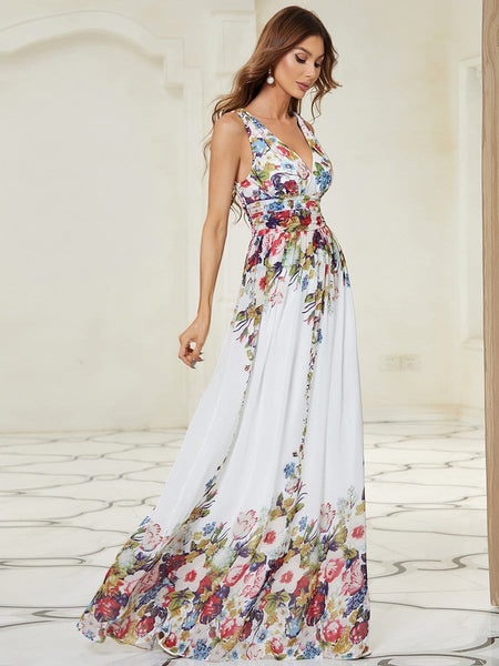 Women's V-Neck Pleated Chiffon Maxi Gown with Empire Waist