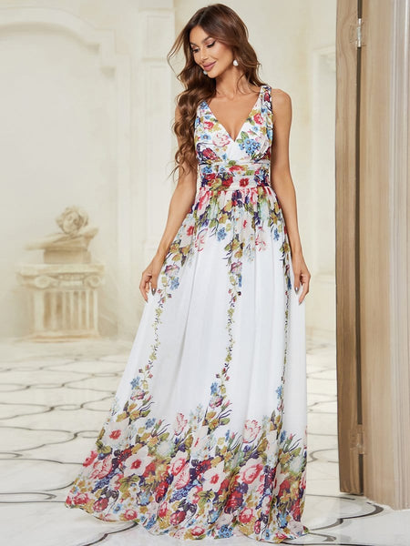 Women's V-Neck Pleated Chiffon Maxi Gown with Empire Waist