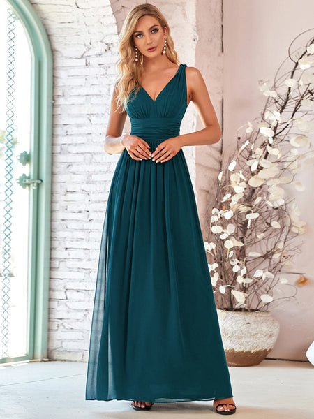 Women's V-Neck Pleated Chiffon Maxi Gown with Empire Waist