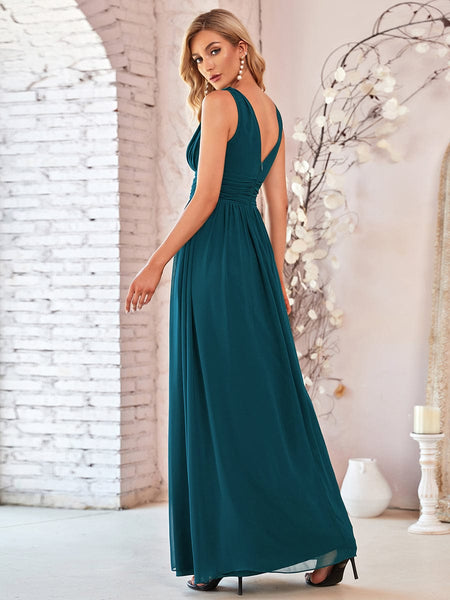 Women's V-Neck Pleated Chiffon Maxi Gown with Empire Waist