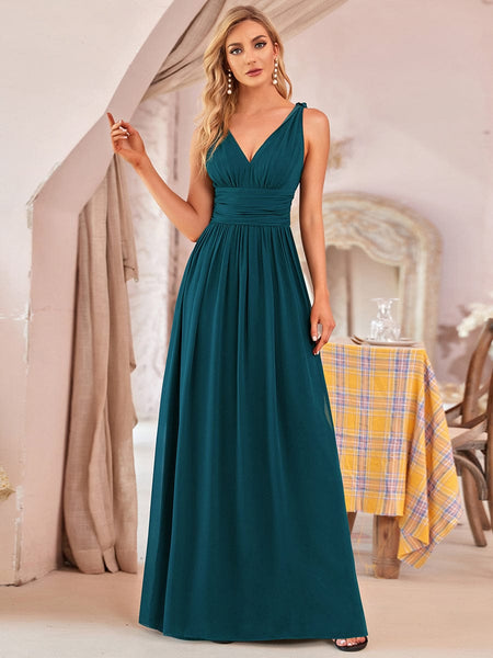 Women's V-Neck Pleated Chiffon Maxi Gown with Empire Waist