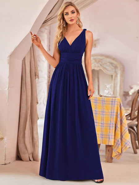 Women's V-Neck Pleated Chiffon Maxi Gown with Empire Waist