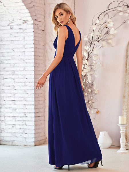 Women's V-Neck Pleated Chiffon Maxi Gown with Empire Waist
