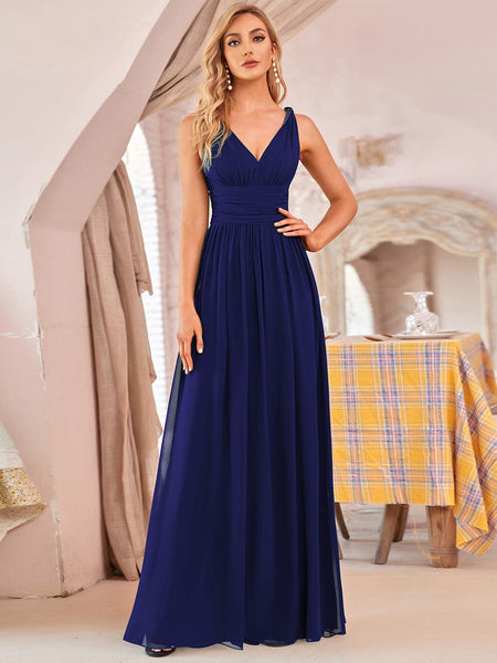 Women's V-Neck Pleated Chiffon Maxi Gown with Empire Waist