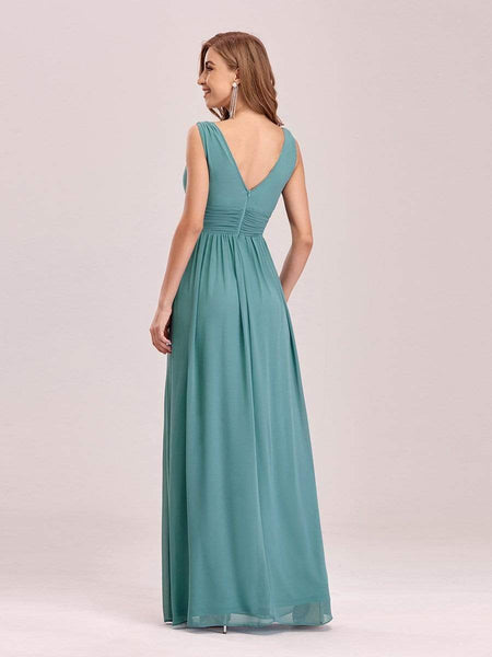 Women's V-Neck Pleated Chiffon Maxi Gown with Empire Waist