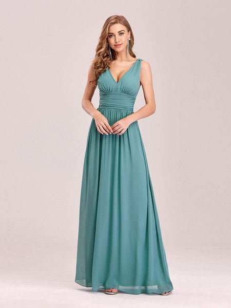 Women's V-Neck Pleated Chiffon Maxi Gown with Empire Waist