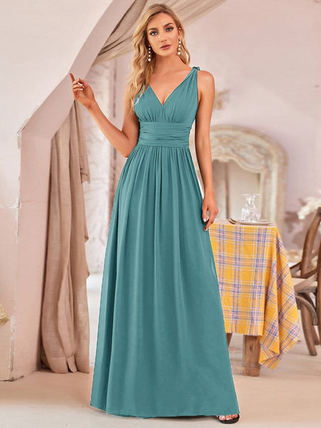Women's V-Neck Pleated Chiffon Maxi Gown with Empire Waist