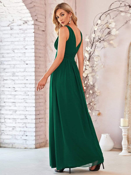 Women's V-Neck Pleated Chiffon Maxi Gown with Empire Waist