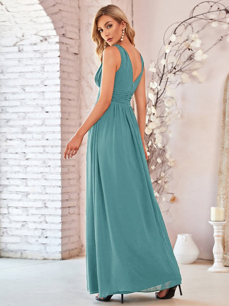 Women's V-Neck Pleated Chiffon Maxi Gown with Empire Waist