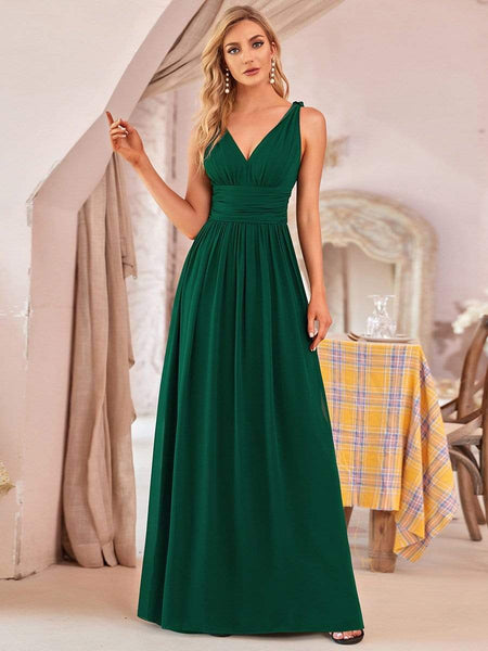 Women's V-Neck Pleated Chiffon Maxi Gown with Empire Waist