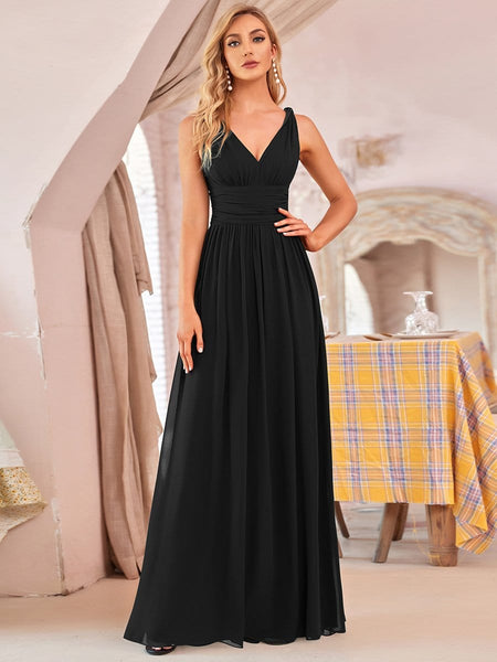 Women's V-Neck Pleated Chiffon Maxi Gown with Empire Waist