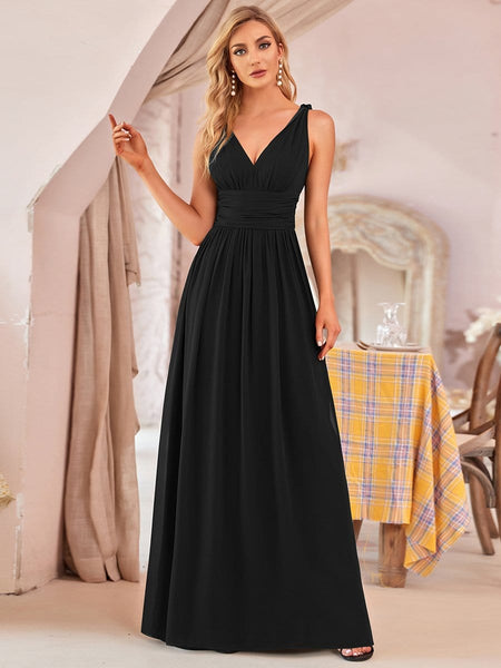 Women's V-Neck Pleated Chiffon Maxi Gown with Empire Waist